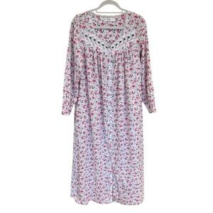 Eileen West Pink Floral Lace Button Front Cotton Full Length Nightgown Large